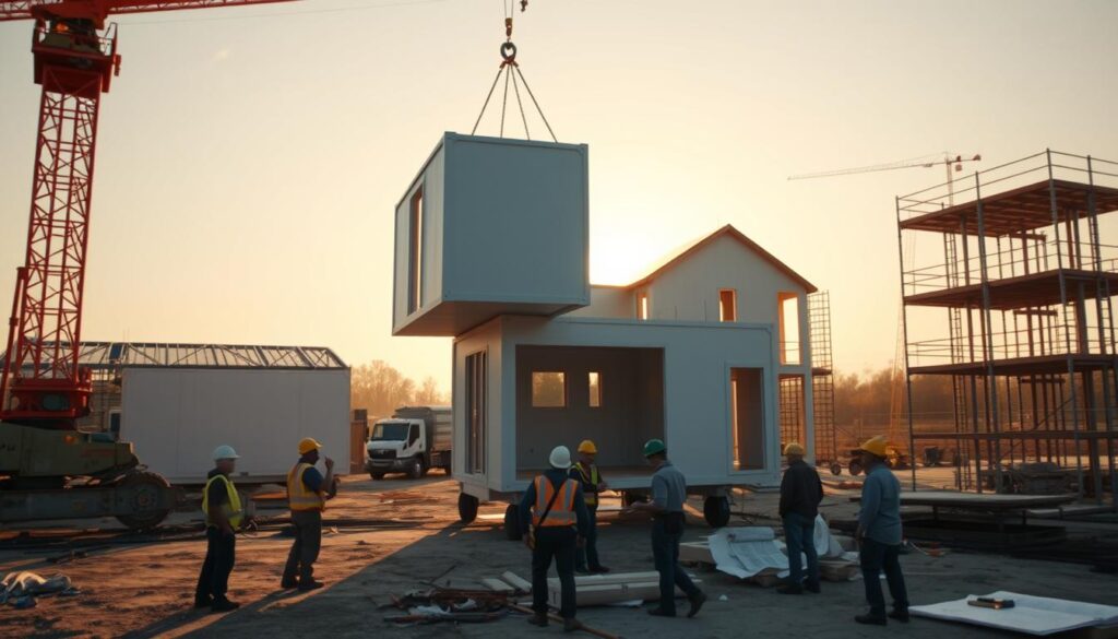 A large construction site with a focus on the prefabrication process. In the foreground, a crane lifts a modular building component onto a partially assembled structure. Workers in safety gear carefully guide the placement. In the middle ground, a team assembles another module, studying blueprints and using power tools. In the background, the outline of a partially completed house emerges, surrounded by scaffolding and construction equipment. Warm lighting from the afternoon sun creates long shadows, conveying a sense of efficiency and progress. The scene exudes a blend of precision, organization, and a streamlined construction workflow. A large construction site with a focus on the prefabrication process. In the foreground, a crane lifts a modular building component onto a partially assembled structure. Workers in safety gear carefully guide the placement. In the middle ground, a team assembles another module, studying blueprints and using power tools. In the background, the outline of a partially completed house emerges, surrounded by scaffolding and construction equipment. Warm lighting from the afternoon sun creates long shadows, conveying a sense of efficiency and progress. The scene exudes a blend of precision, organization, and a streamlined construction workflow.