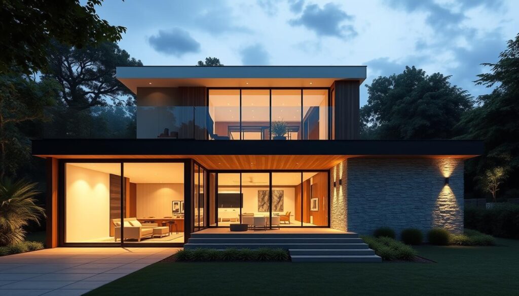 Elegant modern house design, featuring clean lines, large windows, and a sleek, minimalist aesthetic. The home is set against a backdrop of lush greenery, with a harmonious blend of natural and man-made elements. Soft, warm lighting illuminates the interior, creating a cozy and inviting atmosphere. The layout is flexible and customizable, allowing for personalization to suit the homeowner's unique needs and preferences. The exterior showcases a mix of natural materials, such as wood and stone, seamlessly integrated into the overall design. A sense of spaciousness and openness pervades the entire structure, reflecting the premium quality and attention to detail. Elegant modern house design, featuring clean lines, large windows, and a sleek, minimalist aesthetic. The home is set against a backdrop of lush greenery, with a harmonious blend of natural and man-made elements. Soft, warm lighting illuminates the interior, creating a cozy and inviting atmosphere. The layout is flexible and customizable, allowing for personalization to suit the homeowner's unique needs and preferences. The exterior showcases a mix of natural materials, such as wood and stone, seamlessly integrated into the overall design. A sense of spaciousness and openness pervades the entire structure, reflecting the premium quality and attention to detail.